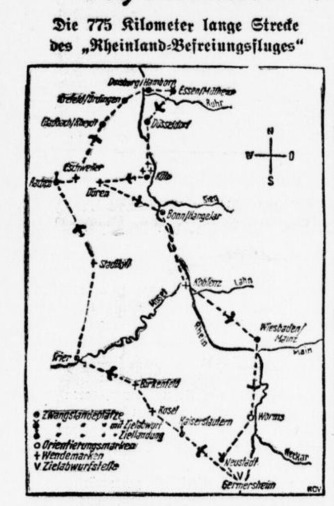 In den Tageszeitungen finden sich Karten mit den Stationen des Rheinland-Befreiungsfluges (Quelle: Kölner Lokal-Anzeiger vom 1.6.1930)