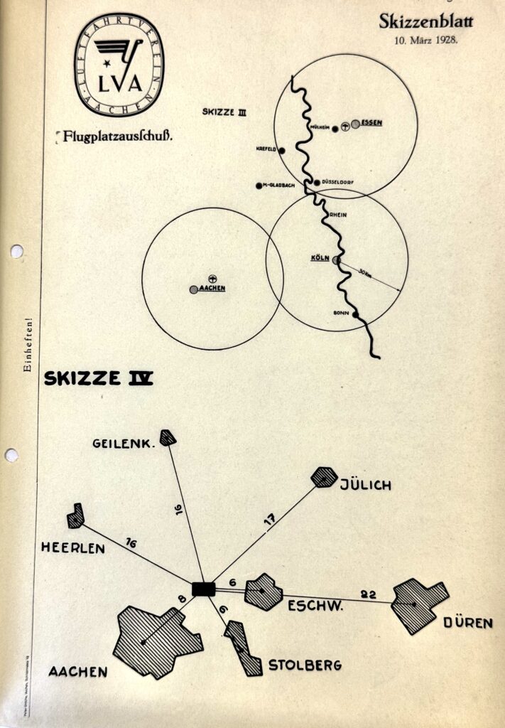 Skizzenblatt aus einer Vortragsunterlage des LVA-Flugplatzausschusses. Solche und ähnliche Pläne sollten die günstige Lage Aachens im weiteren Wirtschaftsraum illustrieren, sowie die Eignung von Merzbrück als künftigen Aachener Flughafen unterstreichen. (Quelle: Landesarchiv NRW: BR1005 Nr. 26)