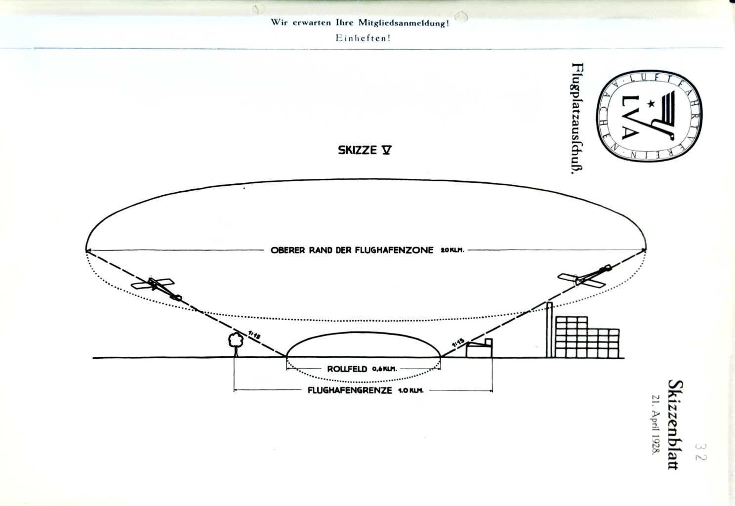 Skizze mit An- und Abflugschneisen 1928 (Quelle: Landesarchiv NRW: BR1005 Nr. 26)