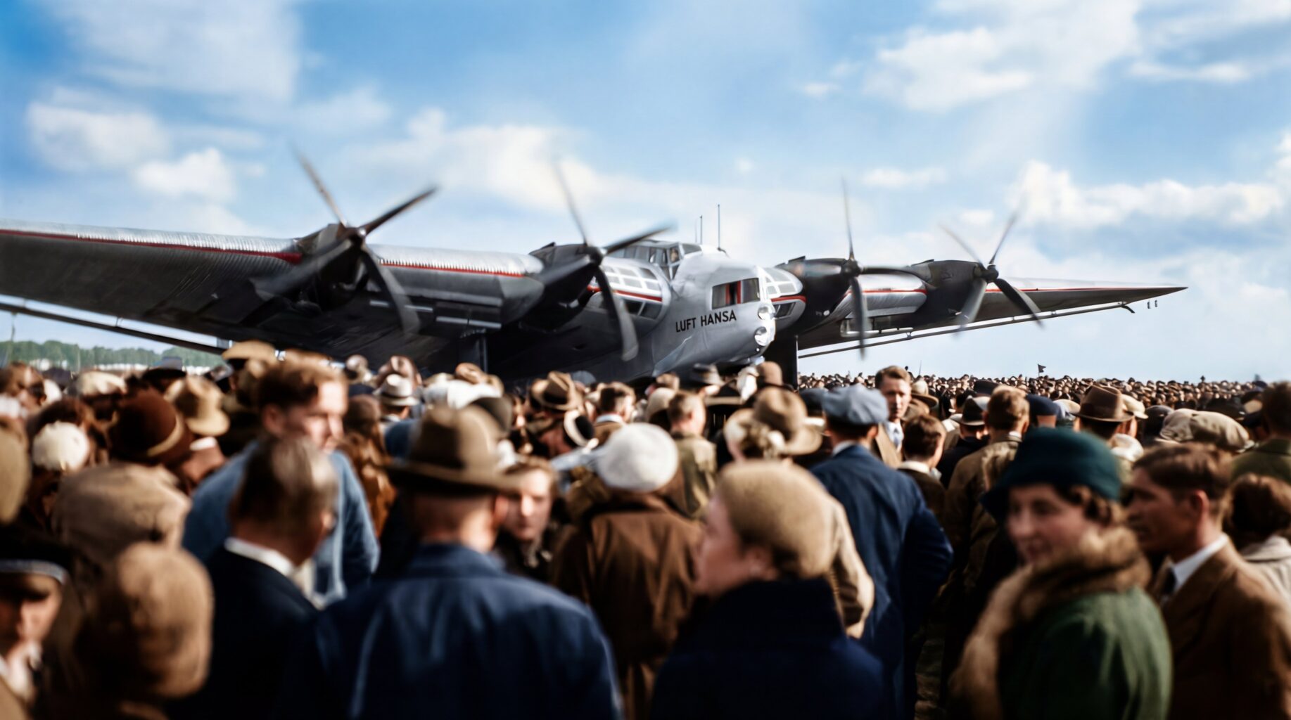 Fliegende Sensation: Die G38, damals das größte zivile Landflugzeug, beim Besuch in Aachen-Merzbrück. (Foto: Archiv Forschungsflugplatz Würselen-Aachen GmbH, Bild mit KI-Unterstützung restauriert und koloriert)