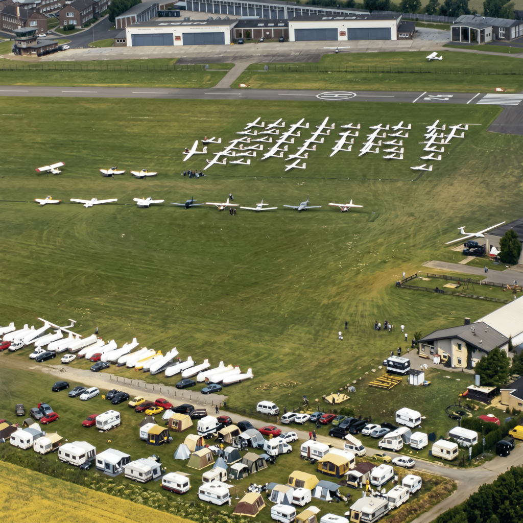 Beliebter Wettbewerb: Der Ansturm auf die 50 Startplätze blieb über drei Jahrzehnte unverändert groß. Luftaufnahme aus den 1990ern (Foto: Luftsportverein Aachen e.V. Bildqualität durch KI verbessert)