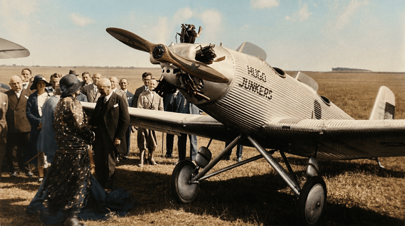 Namensgeber: Therese Junkers tauft eines von vier neuen Flugzeugen des LVA und der Flugwissenschaftlichen Vereinigung auf den Namen ihres Mannes. (Foto: Archiv Forschungsflugplatz Würselen-Aachen GmbH, SW-Original und Farbversion des Bildes KI-bearbeitet)