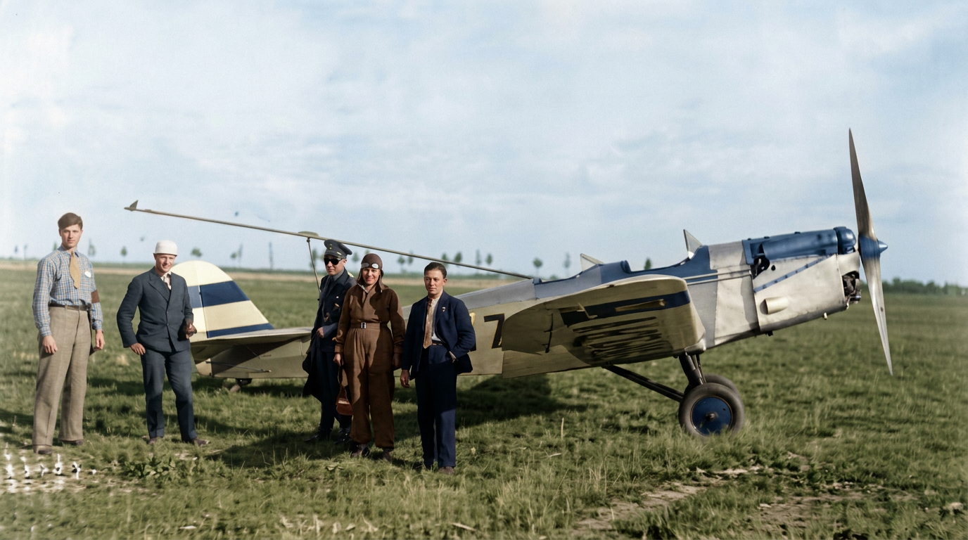 Fluglehrer Richard Perlia (2.v.R.) vor Klemm(?)-Schleppflugzeug. Die Stange oberhalb des Rumpfes scheint Teil der Schleppvorrichtung gewesen zu sein. (Quelle: Richard Perlia: Mal Oben, mal unten, SW-Original und Farbversion des Bildes KI-bearbeitet)