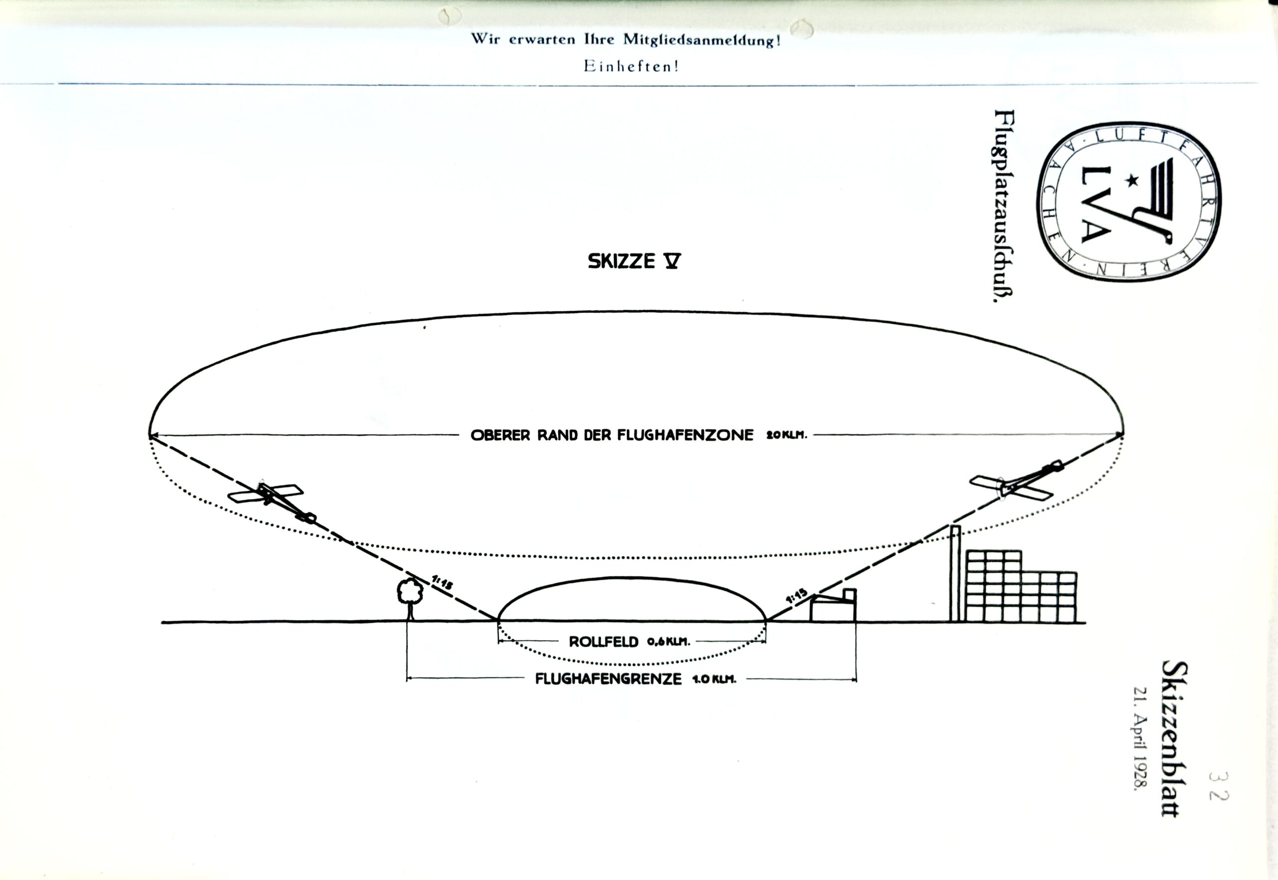 Skizze mit An- und Abflugschneisen 1928 (Quelle: Landesarchiv NRW: BR1005 Nr. 26)