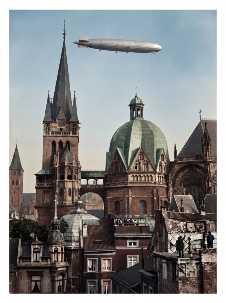 Eine schwebende Sensation: Das Luftschiff "Graf Zeppelin" über dem Dom von Aachen. Unten rechts Zuschauer auf Häuserdächern (Foto: Forschungsflugplatz Würselen-Aachen GmbH, SW-Original und Farbversion des Bildes mit KI-Unterstützung restauriert und koloriert)