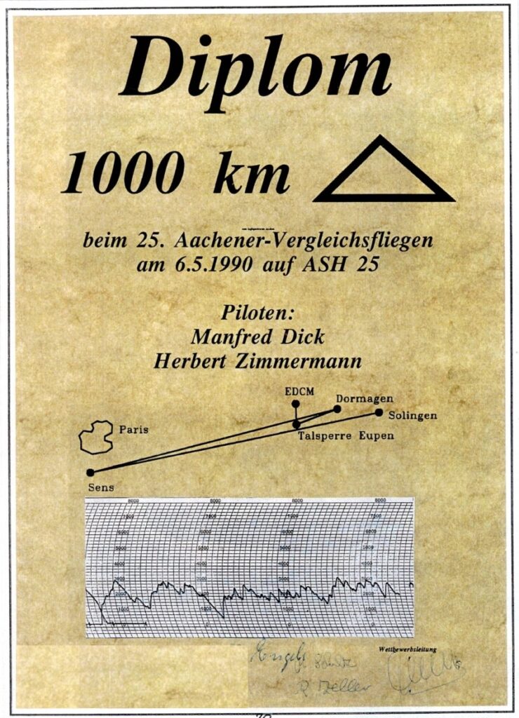 Vereinsinternes Diplom mit dem Höhenschrieb des 1000-Kilometer-Fluges nach Paris am 5. Mai 1990 beim 25. Aachener Vergleichsfliegen (Quelle: Luftsportverein Aachen e.V.)