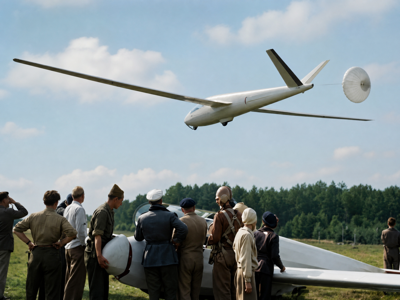 Zur aerodynamischen Optimierung der Tragflächenoberfläche haben die Konstrukteure auf klassische Bremsklappen verzichtet und die HKS3 mit einem Bremsfallschirm ausgestattet – ein Novum im Segelflugzeugbau. Hinter der Tragfläche am Rumpf gut zu erkennen: Lüftungsschlitze, die für einen steten Unterdruck im Innern sorgen und so ebenfalls den Luftwiderstand außen reduzieren. (Foto: Luftsportverein Aachen. SW-Original und Farbversion des Bildes KI-bearbeitet)