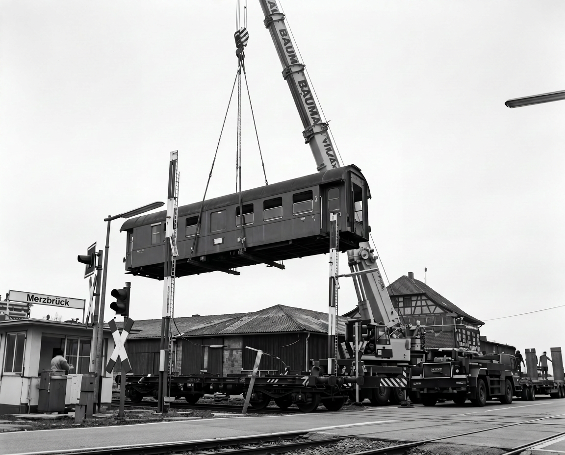 Trennung des wohnlichen Waggonaufbaus vom fahrbaren Untersatz. Letzterer hat zwar nur noch Schrottwert, aber der Schrott ist einiges Wert und dient der Kompensation für die Dienste des Kranverleihs (Foto: LVA, SW-Original mit KI-Unterstützung restauriert)