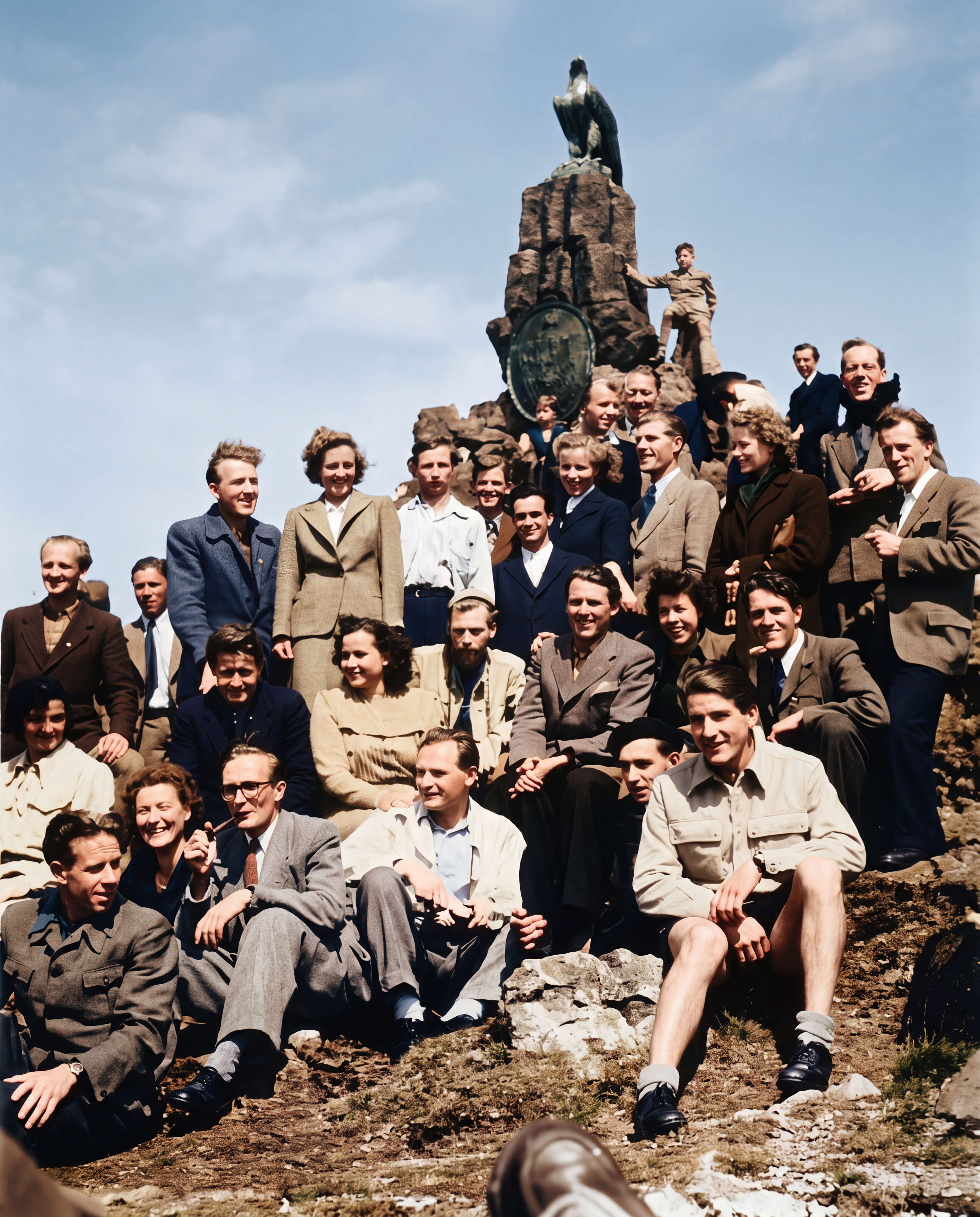 Ausflug zum „heiligen Berg der Segelflieger“: LVA-Mitglieder am Fliegerdenkmal auf der Wasserkuppe 1950, darunter Hans Lorenz mit Ehefrau, Günther Lehmann mit Ehefrau, Bernd Woblewski, Jakob „Köbes“ Thönnissen, Kurt Schmidt, sowie Werner Kurkowski und Wolfgang Gräwe von der Segelfluggruppe Nordstern (Foto: Luftsportverein Aachen e.V., Bild mit KI-Unterstützung restauriert und koloriert)