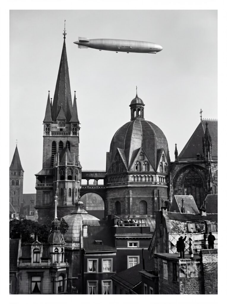 Eine schwebende Sensation: Das Luftschiff "Graf Zeppelin" über dem Dom von Aachen. Unten rechts Zuschauer auf Häuserdächern (Foto: Forschungsflugplatz Würselen-Aachen GmbH, SW-Original und Farbversion des Bildes mit KI-Unterstützung restauriert und koloriert)